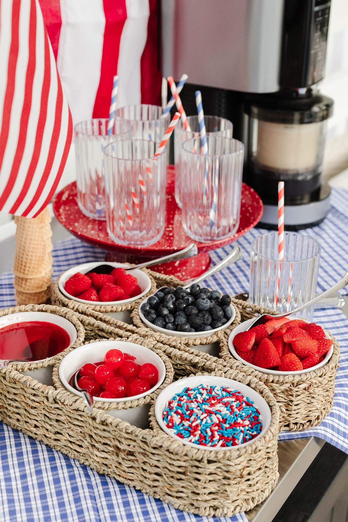 4th of July ice cream bar with red white and blue toppings