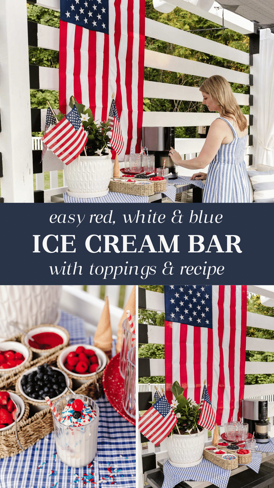 easy ice cream bar with red white and blue toppings for 4th of July + Ninja Creami vanilla protein ice cream recipe