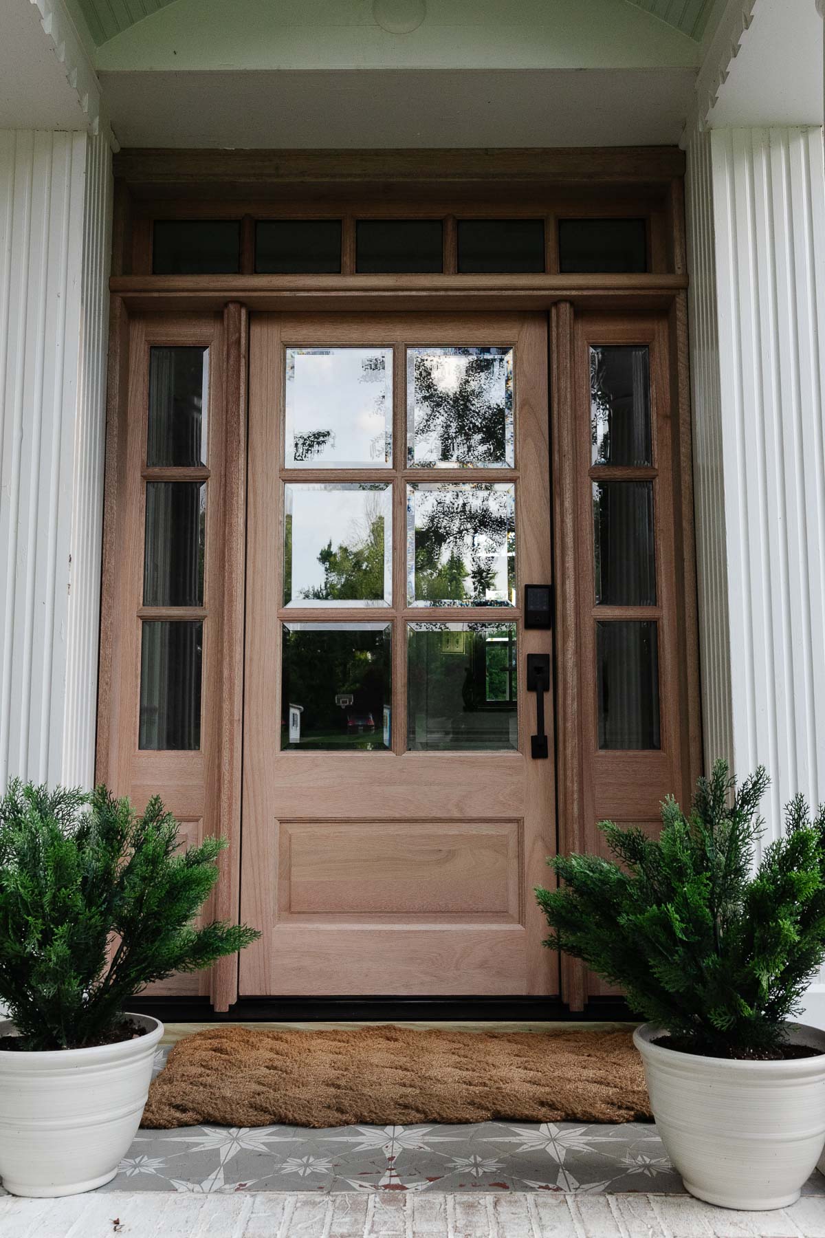 wood front door replacement with sidelights and transom