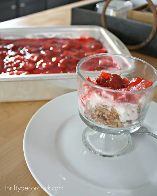 Pretzel and strawberry salad in trifle bowl