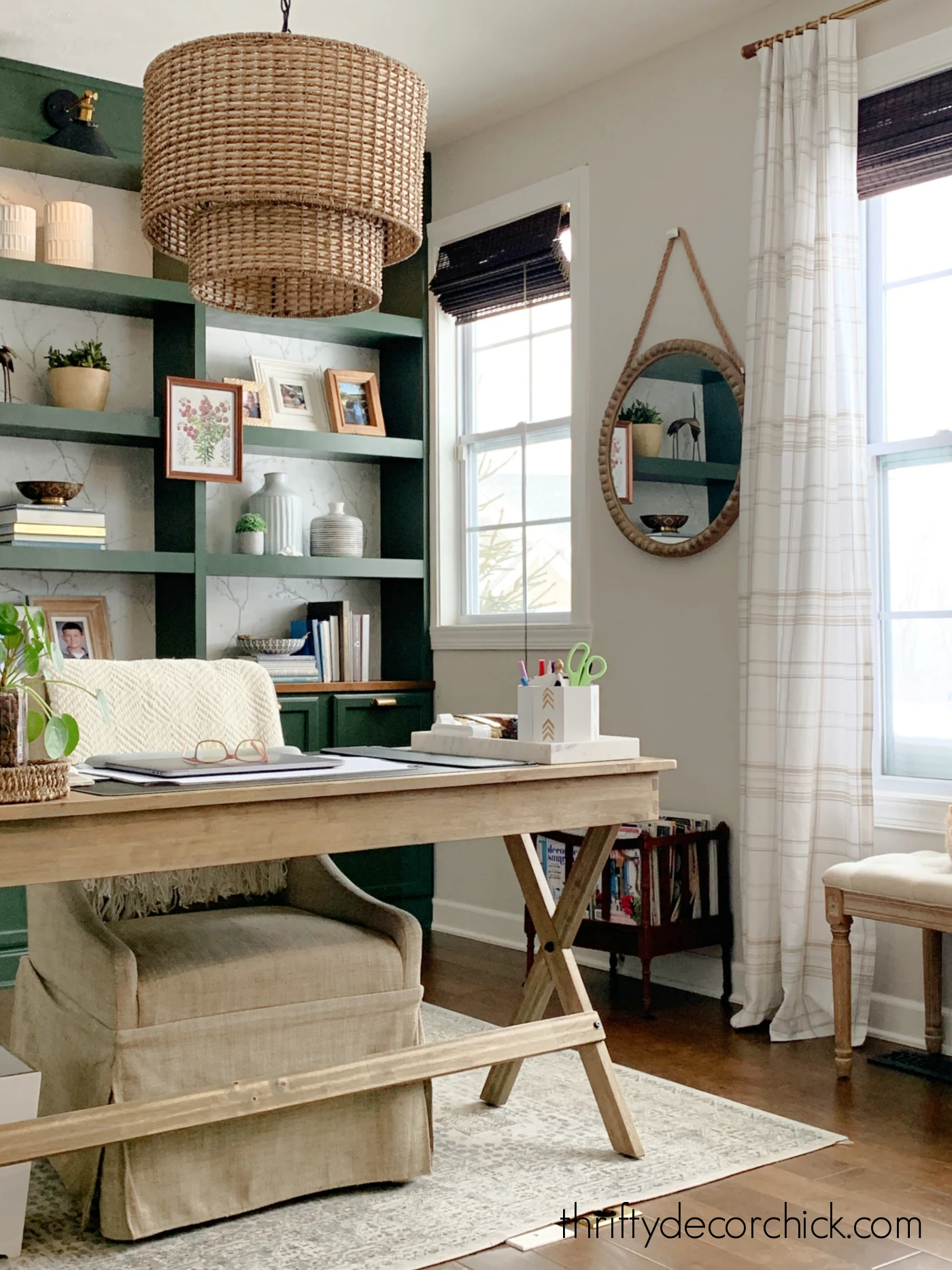 green bookcase in office