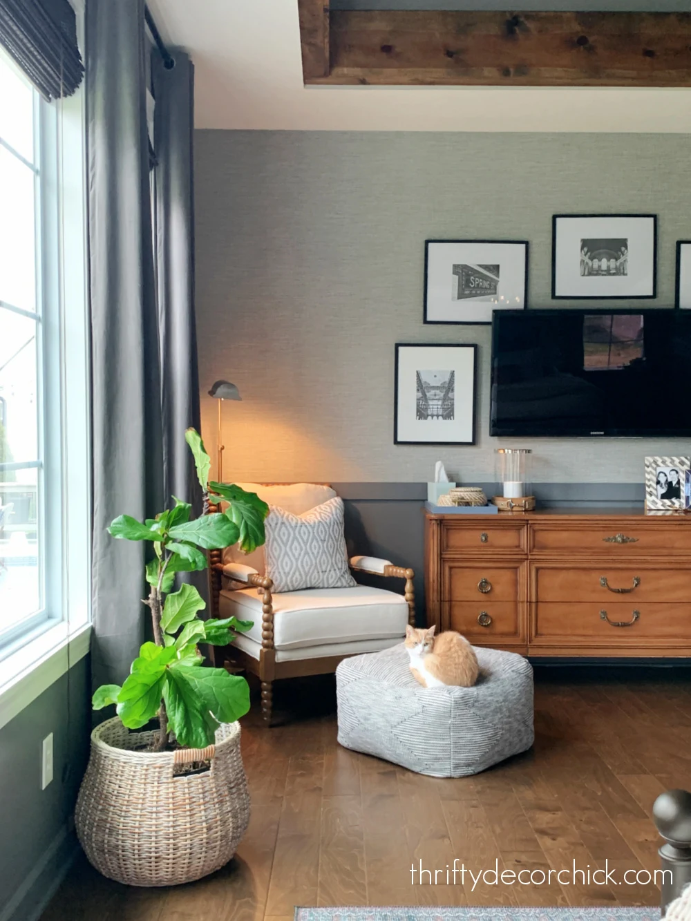 dark gray walls with grasscloth