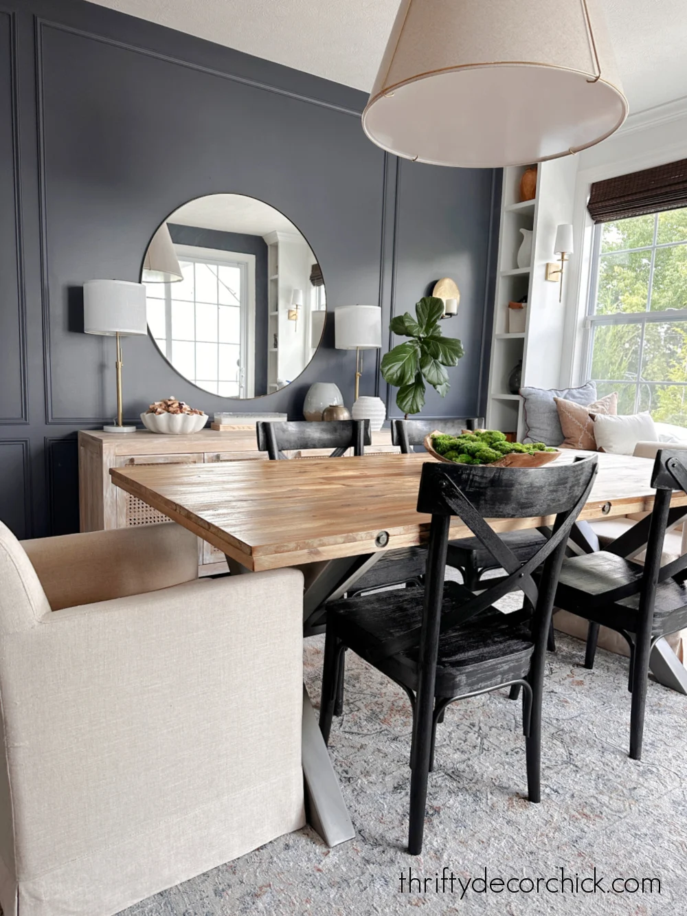 dark blue wainscoting walls