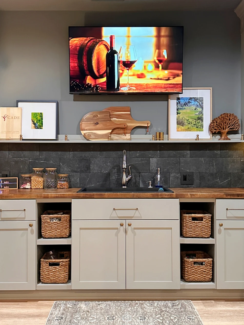 gray kitchen with black tile