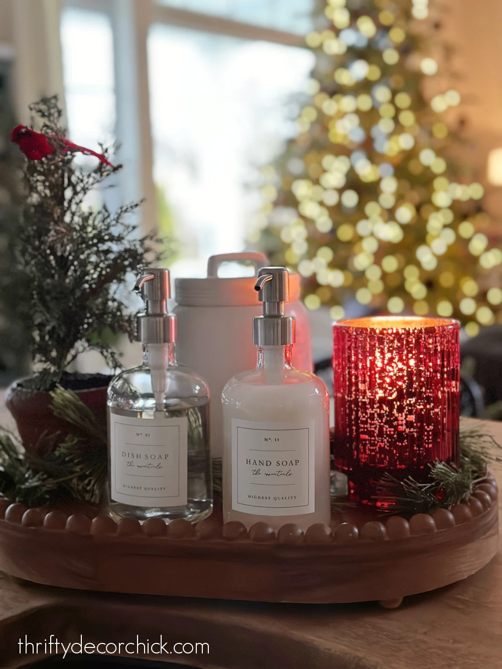 hand and dish soap bottles on tray