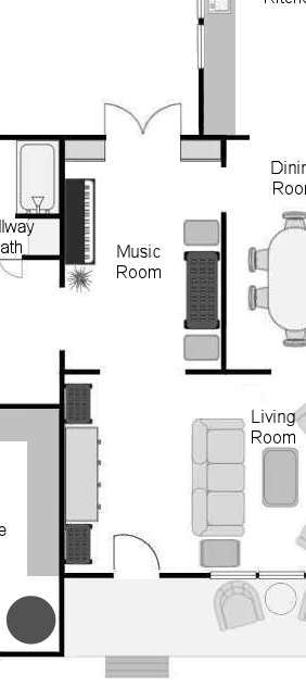 floor plan of late 1940s early 1950s ranch style house showing entryway into living room, and line of sight to the back yard