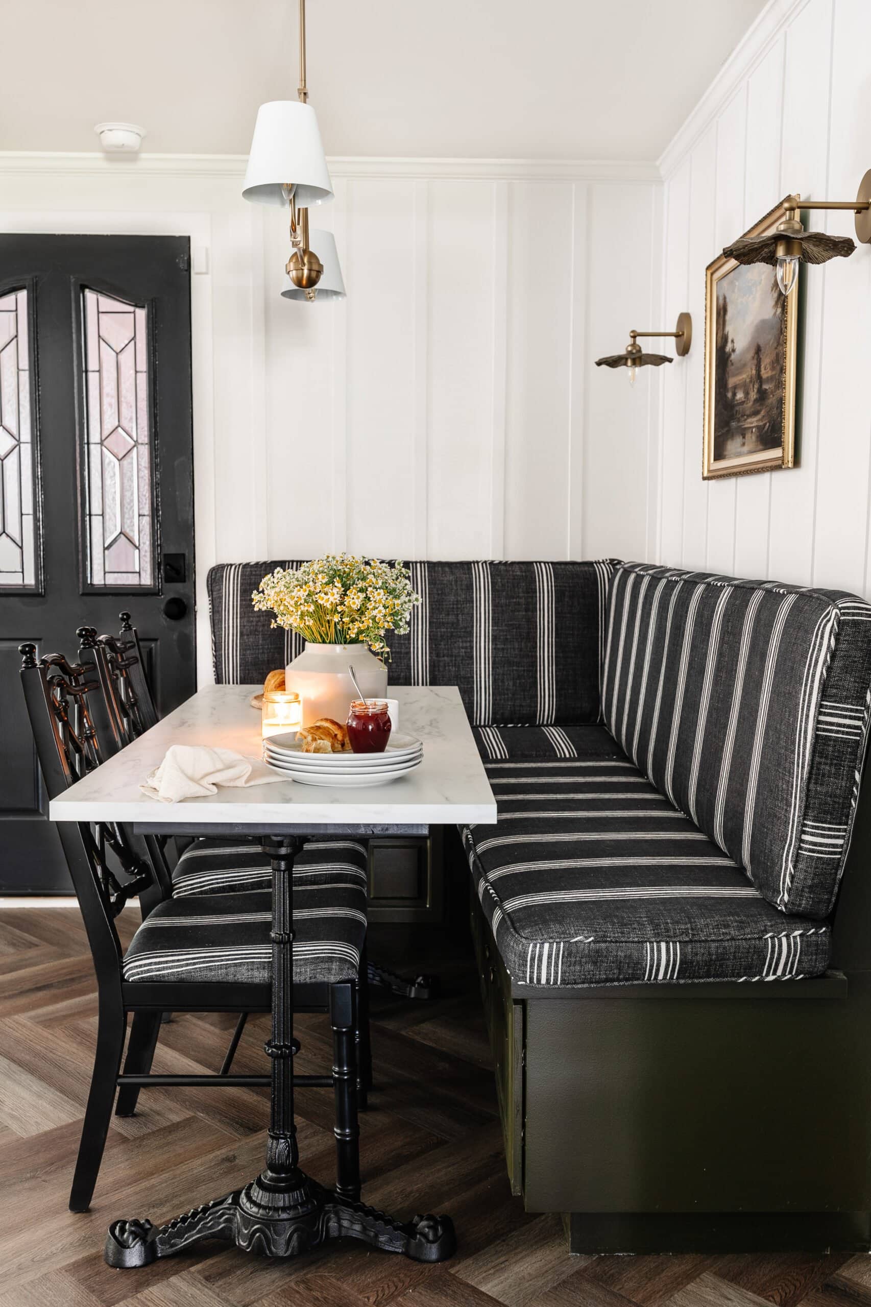 breakfast nook with thrifted banquette and marble table