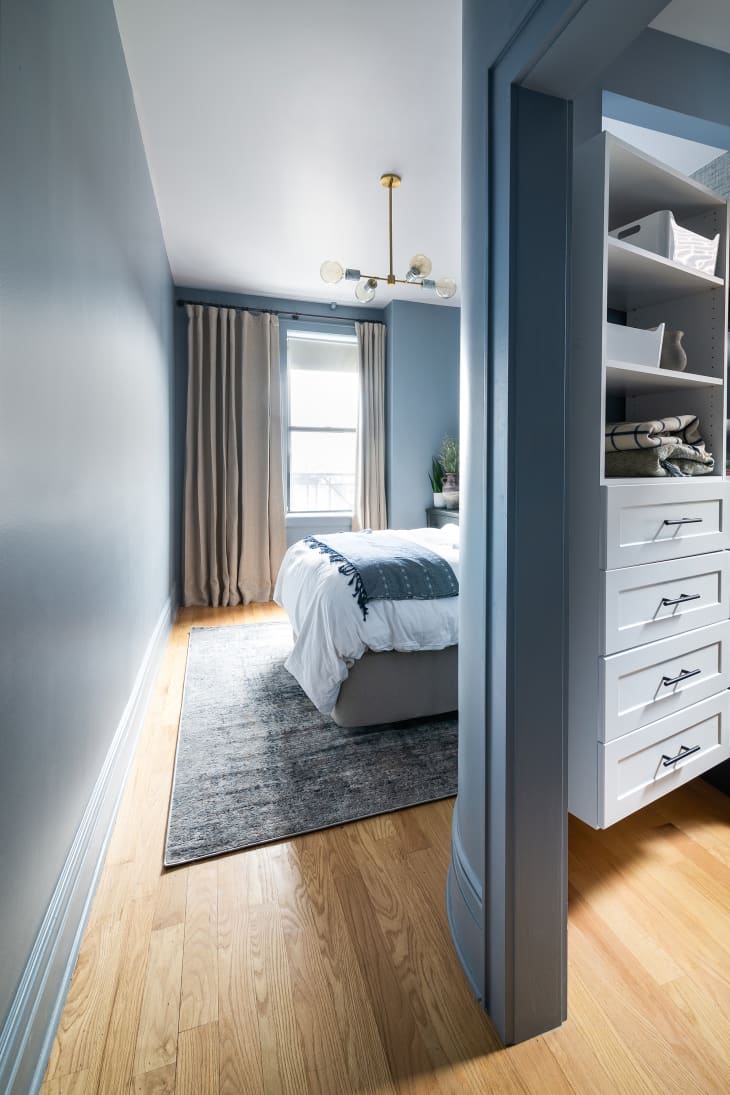 Bedroom painted in Sherwin-Williams’ Let it Rain, a gray-blue hue