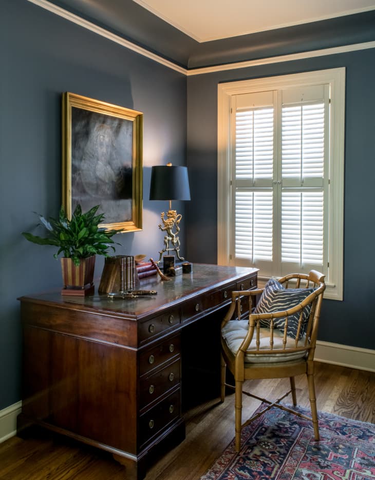 Office painted with Benjamin Moore’s Philipsburg Blue, a dusky soothing blue tone