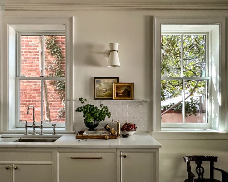 Kitchen painted in Benjamin Moore’s White Dove, a timeless warm white color