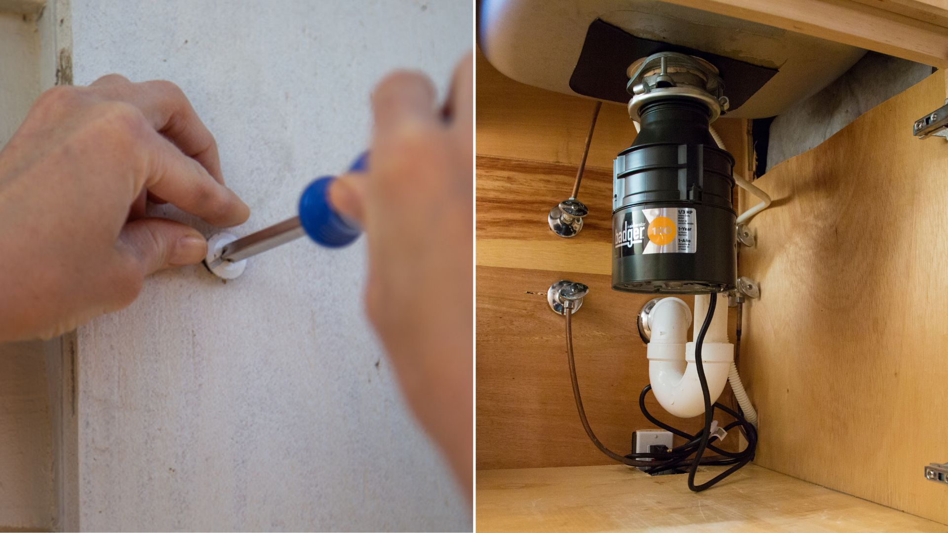 This image is a split image. tHe photo on the left is of a screw being crewed into a wall with a screwdriver. The right photo is a garbage disposal.