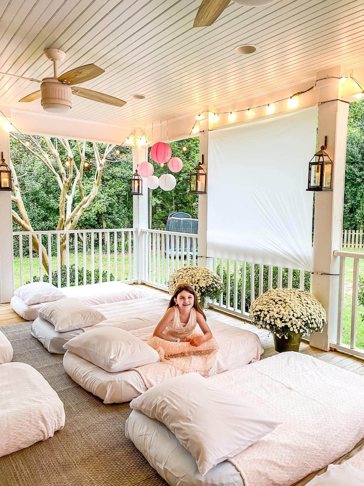 birthday slumber party outdoor movie night on a back porch