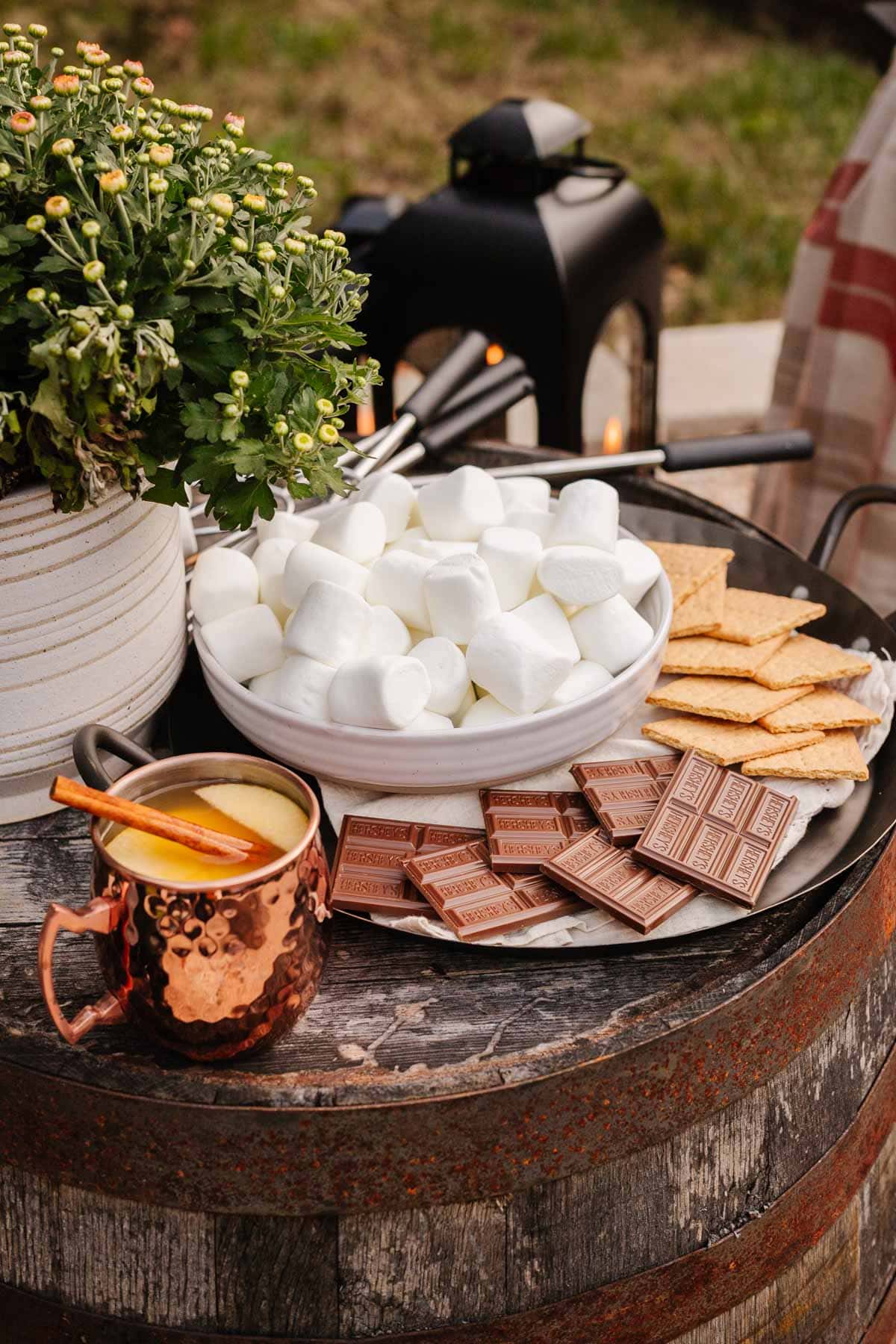 s'mores tray with chocolate, graham crackers, and marshmallows around a fire pit