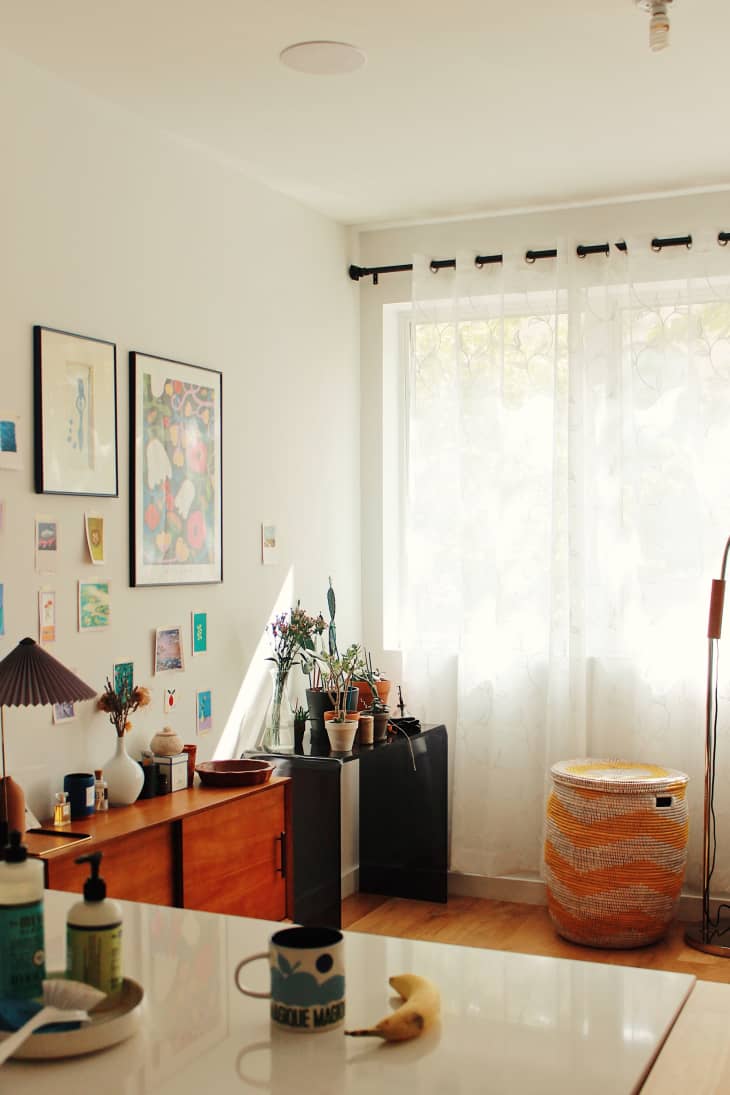 Living room with black table, planters, and wall of decorative art.