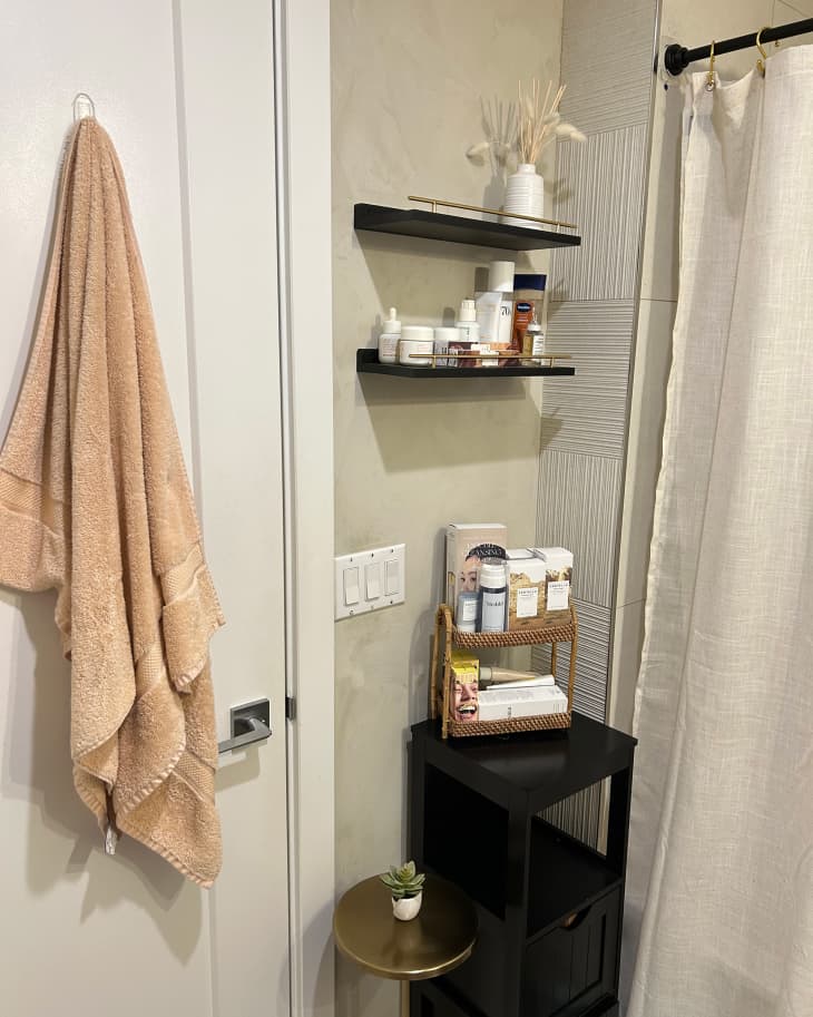 Shelves in newly renovated bathroom.