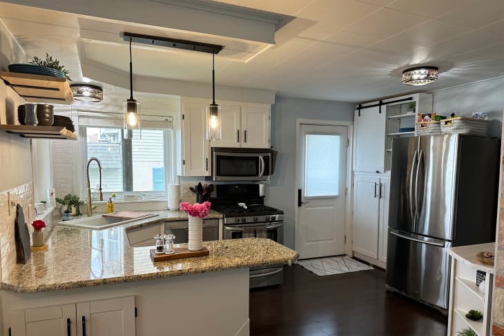 Blue painted walls in newly remodeled kitchen.