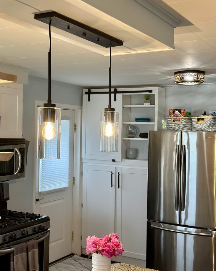 Pendant light fixture in newly renovated kitchen.