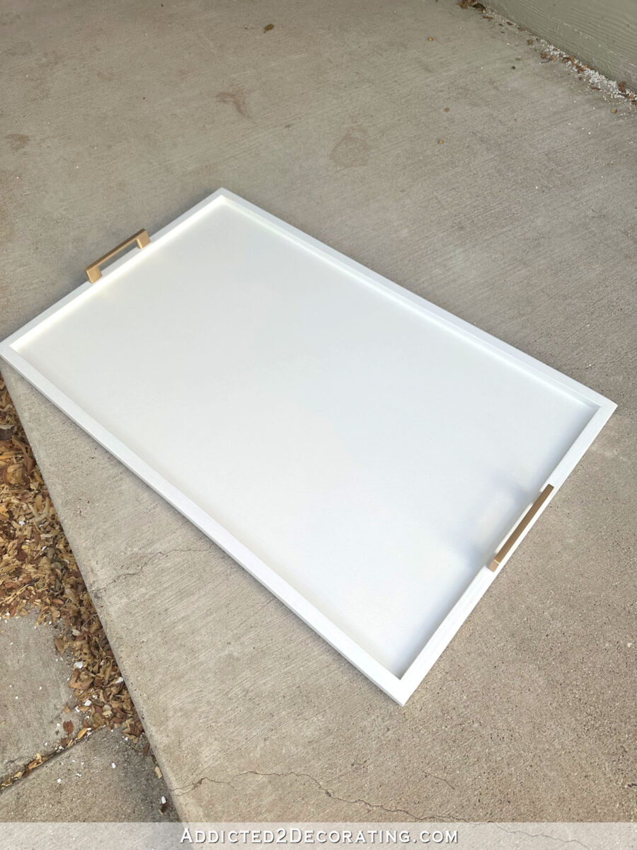 How to make an easy rectangle tray - Painted and clear coated, cabinet handles used as tray handles