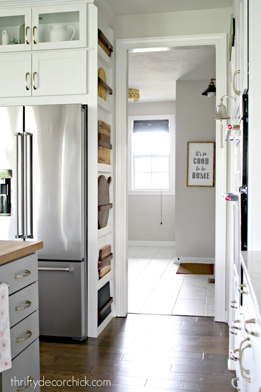 DIY storage shelves side of refrigerator