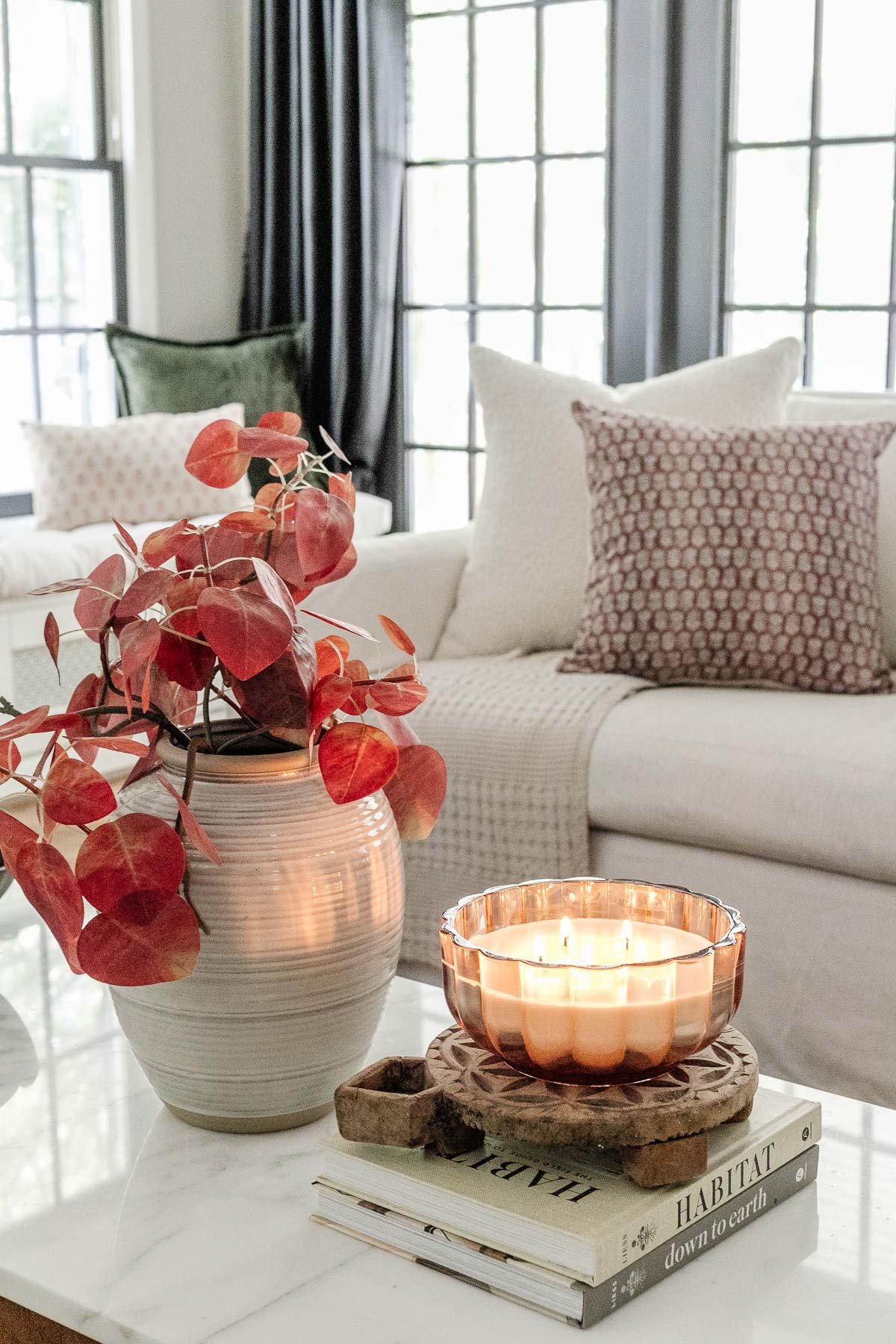 fall decor on a coffee table with cozy throw pillows behind