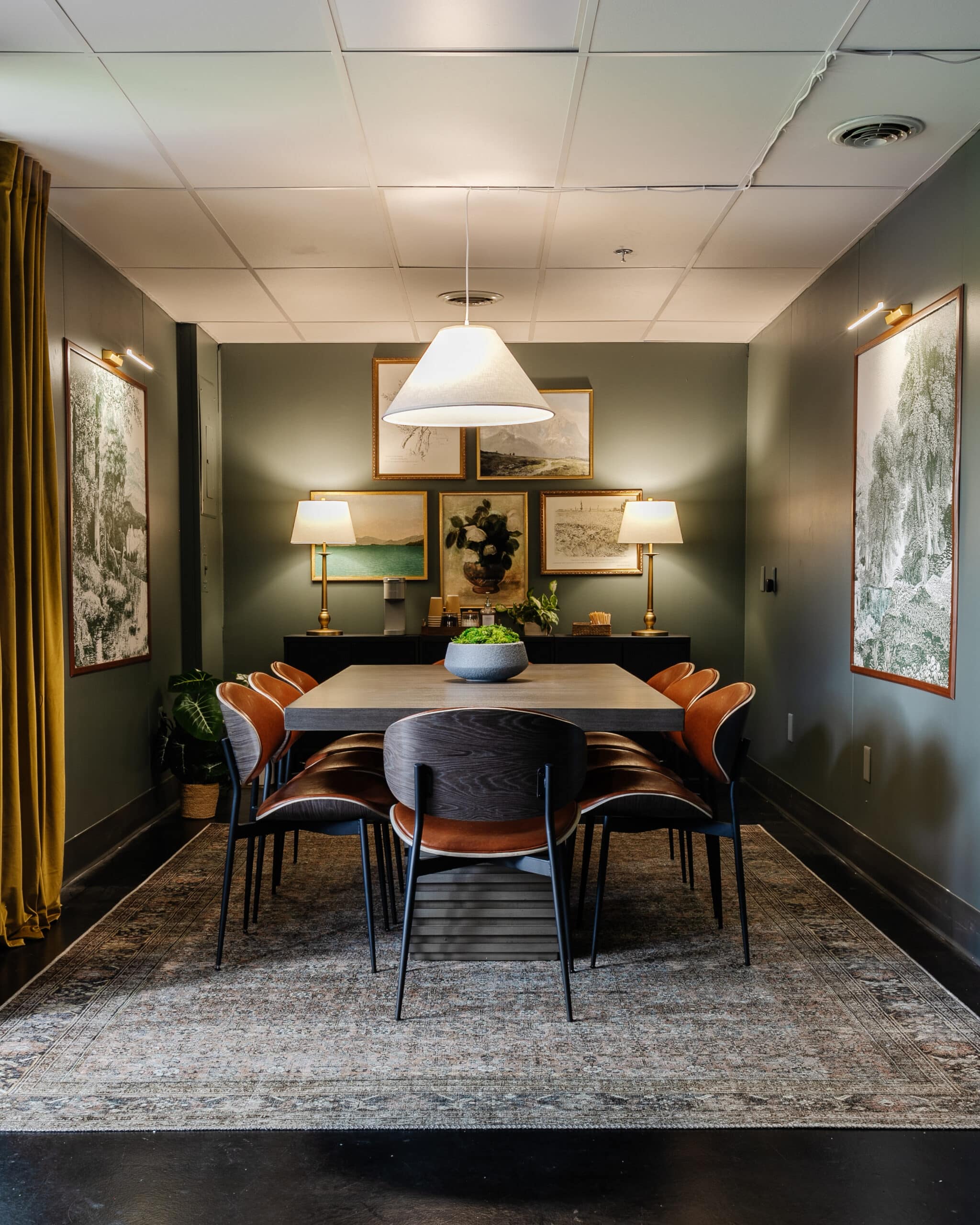 cozy conference room with soft white lighting