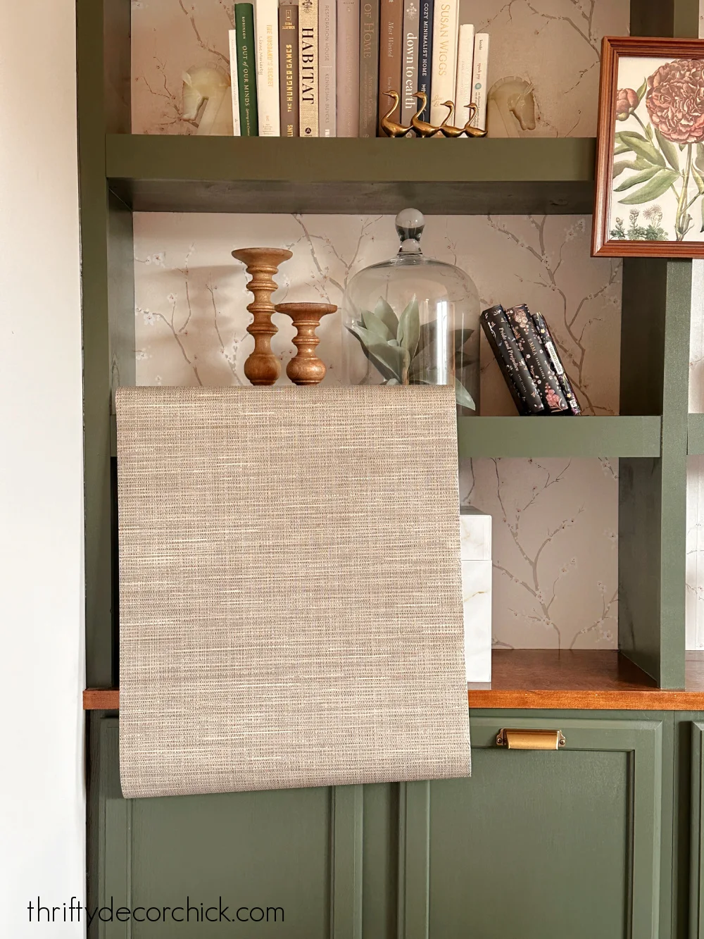 grasscloth wallpaper green bookcases