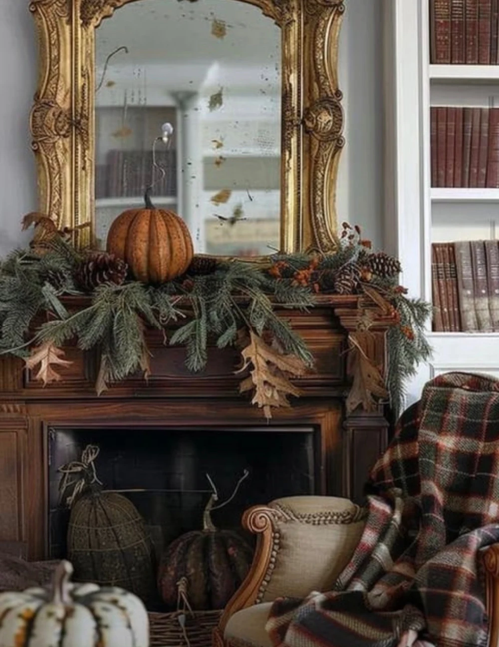 fall mantel with evergreens