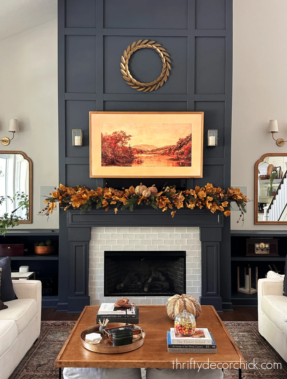 dark blue fireplace fall leaves mantel