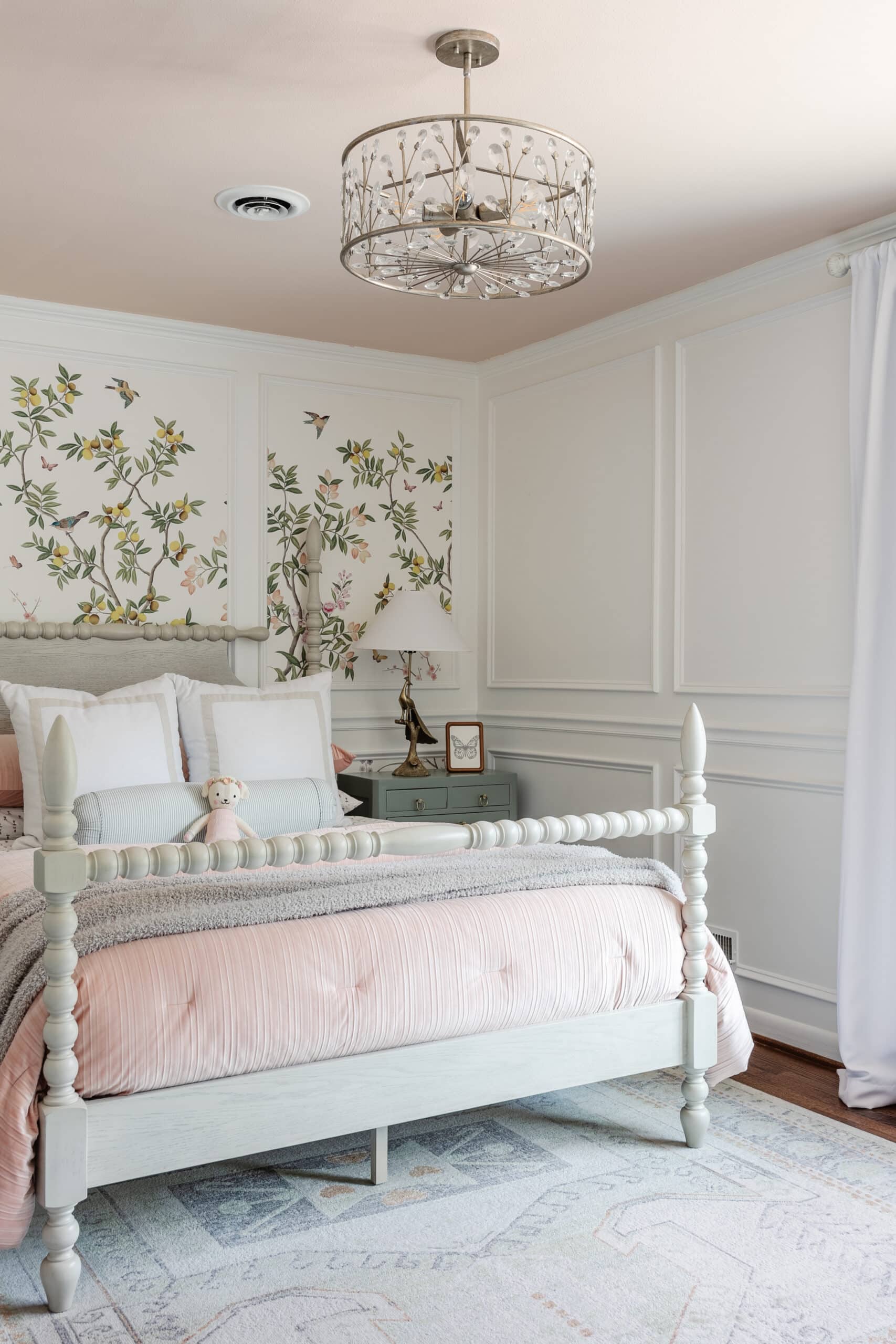 blush pink painted ceiling in a little girls room