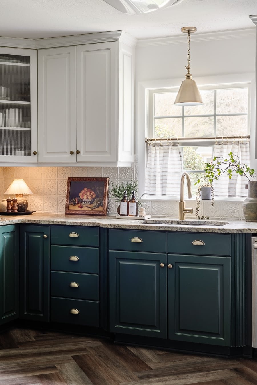 white and green cabinets in a kitchen