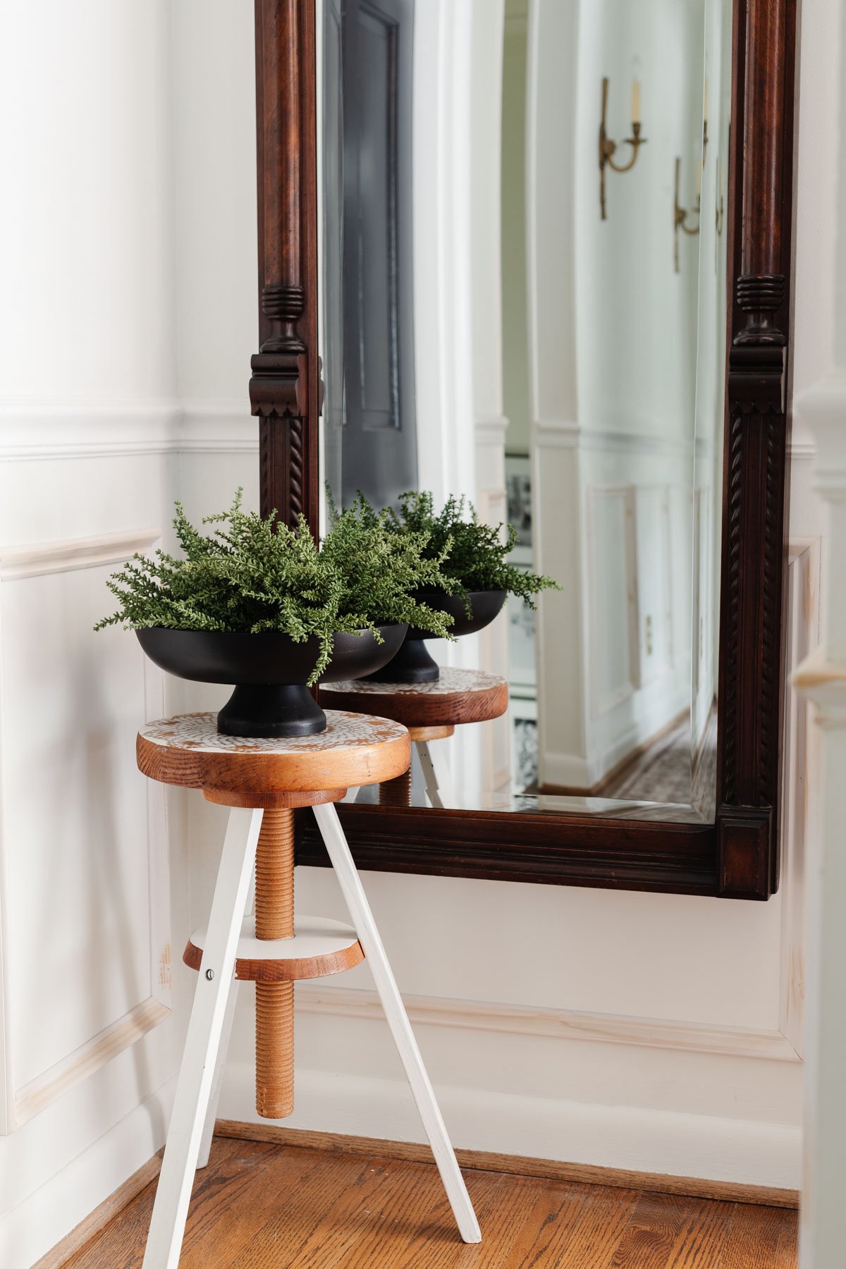 footed bowl used as a planter on a plant stand as hallway decor