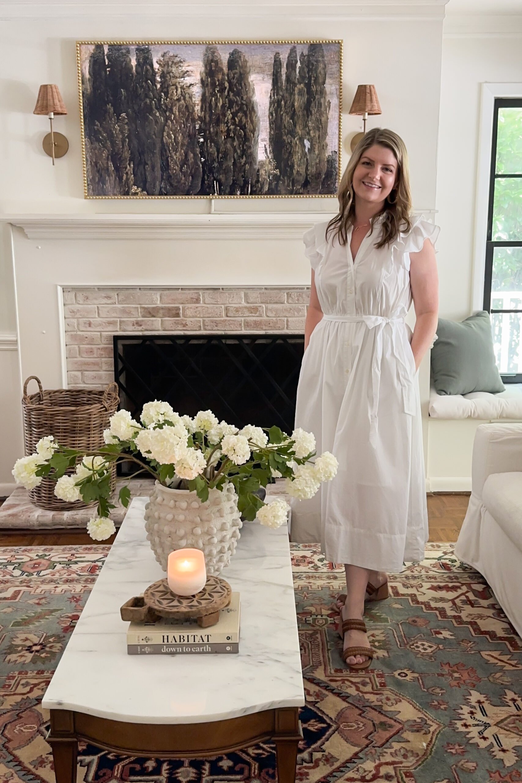 woman in white dress in living room