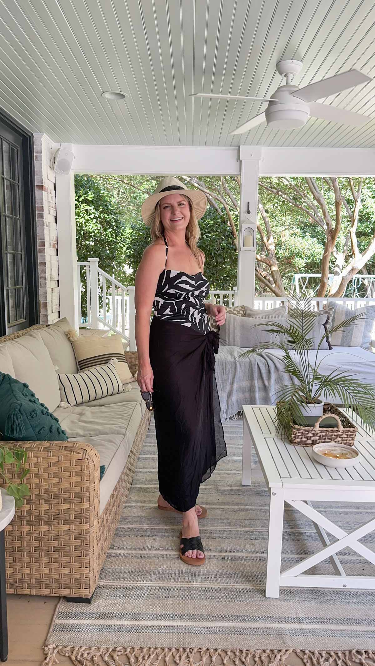 woman in swimsuit on back porch