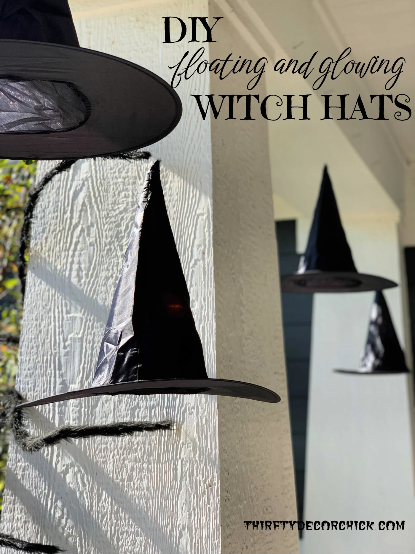 DIY glowing witch hats on porch